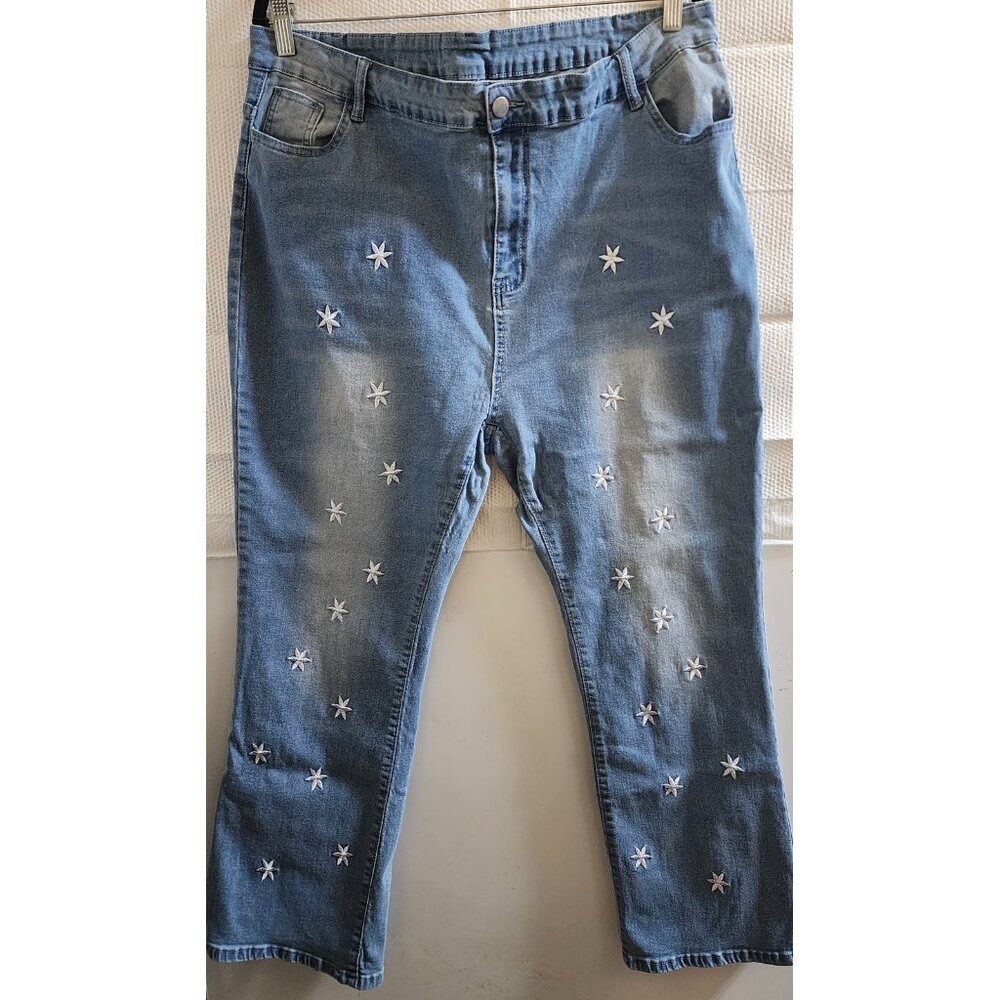 TEMU MEDIUM STONEWASH FLORAL/STAR-EMBROIDERED SKINNY STRETCH JEANS